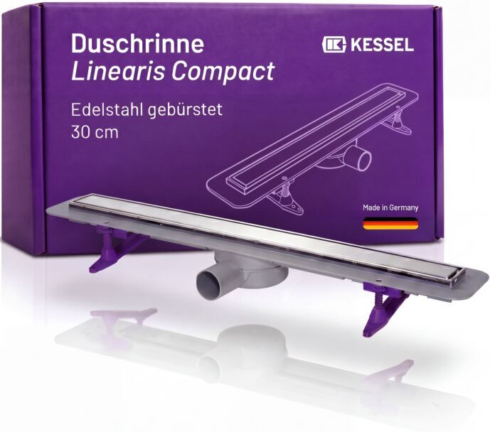 Kessel Linearis Compact Duschrinne 45600.59M flache Bodenablaufrinne für  bodengleiche Duschen, 300mm, mit Dichtmanschette, Ablaufgrundkörper