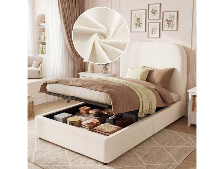 Luscriate - Lit coffre 90x200 cm lit enfant lit simple avec hydraulique et tête rembourrée bouclé pour enfant - beige