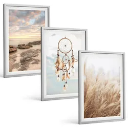 BILDER SET 3er Set - 40x60 cm Silberner Rahmen - Wolkenmeer, Traumfänger, Gras