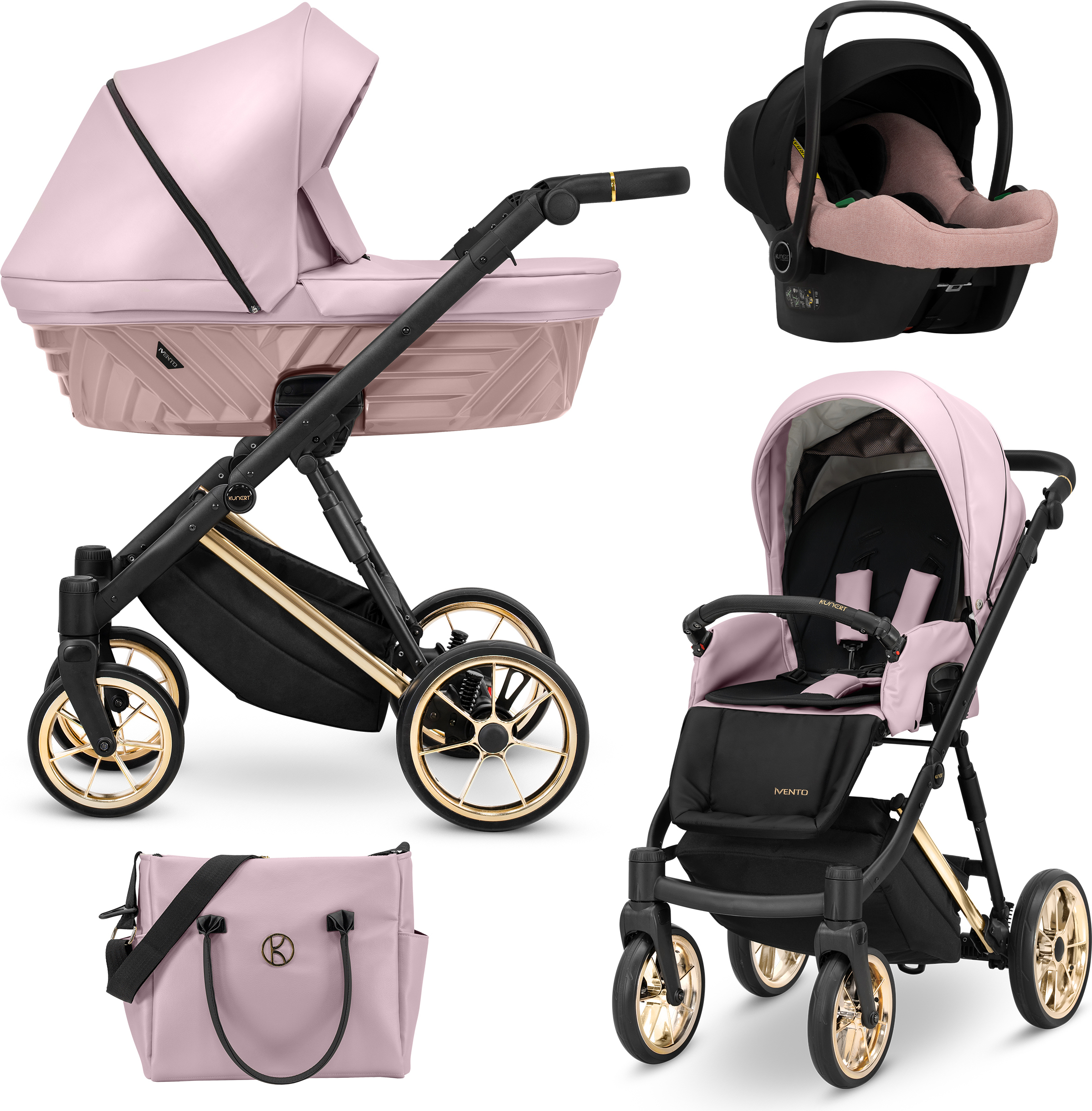Kinderwagen Kunert Ivento Premium 3in1 - goldene Rahmenfarbe - Farbe: Eco Pink Metallic