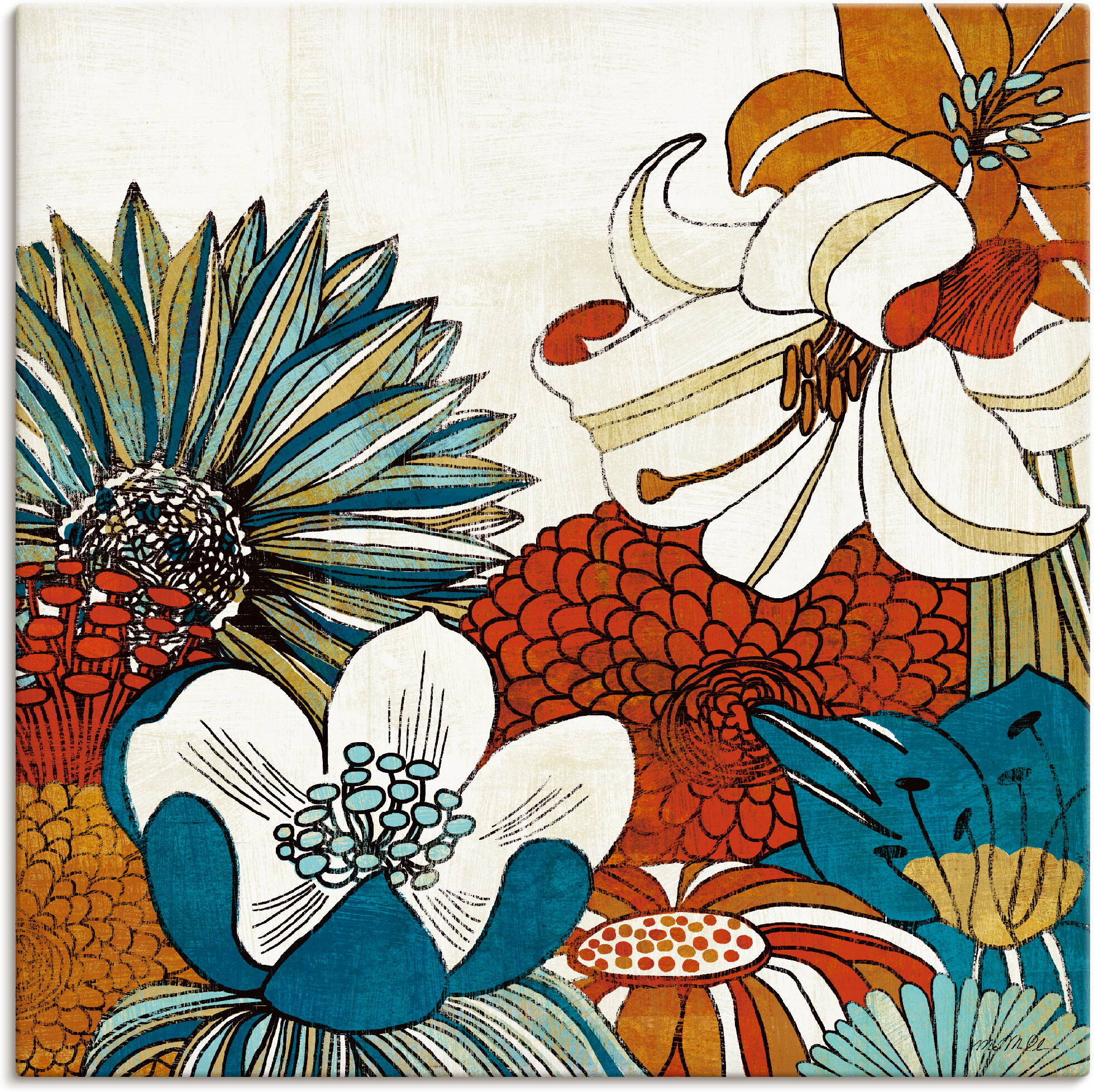 Leinwandbild ARTLAND "Zeitgenössischer Garten II", bunt (farbe bild(er): bunt), B:50cm H:50cm, Bilder, Leinwandbild, auf Holzrahmen gespannt farbe bild(er): bunt B/H/T: 50cm x 50cm, Leinwandbild Blumen quadratisch, 1 Stk.