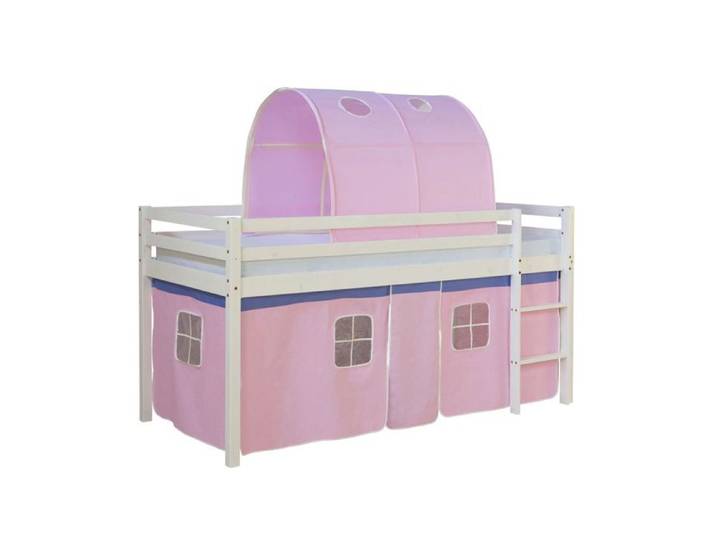 Lit mi-hauteur enfant - HOMESTYLE4U - HomeStyle4U 1480 - 90x200 cm - MDF/pin - avec échelle et rideau rose