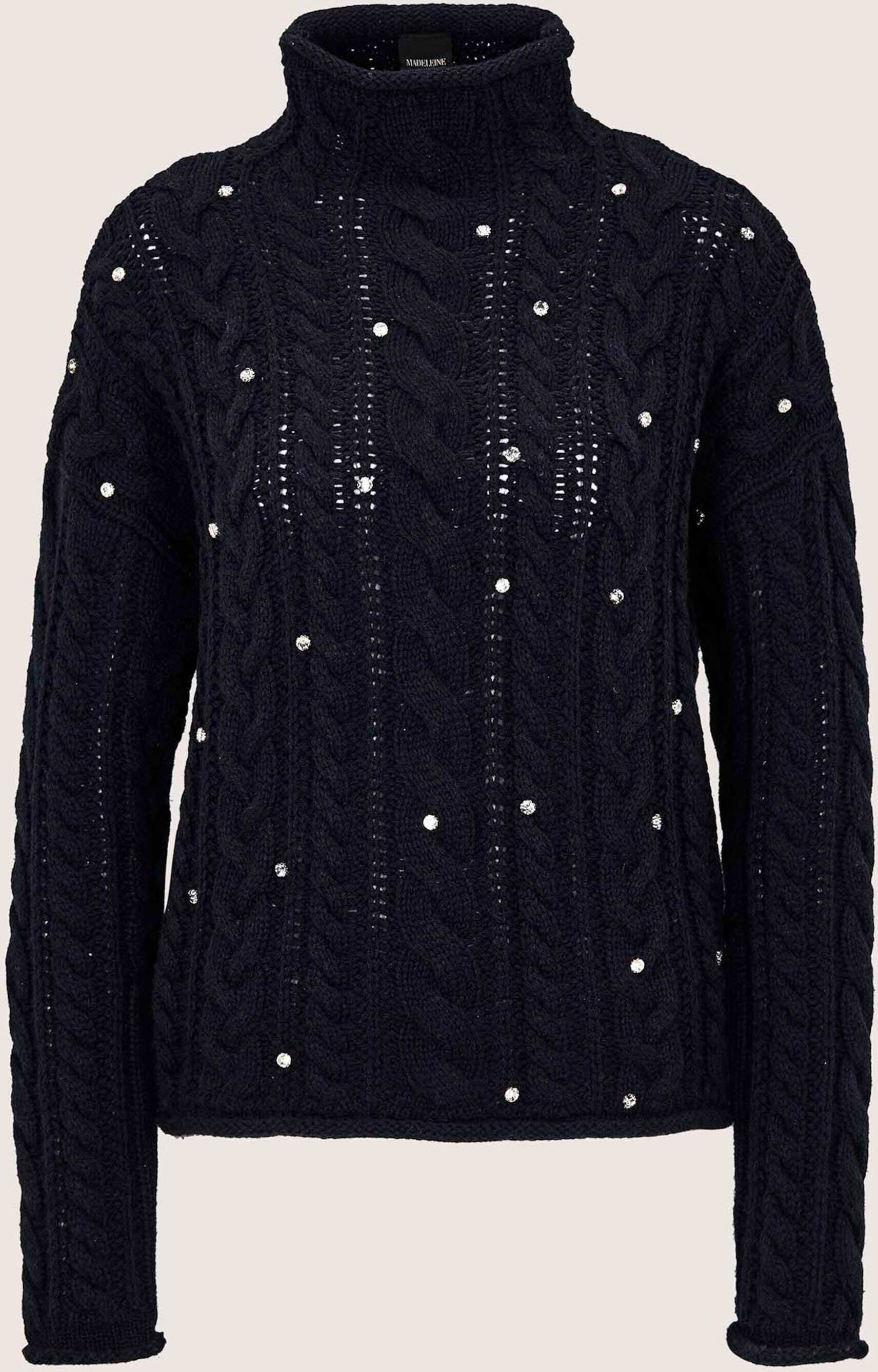 Longpullover MADELEINE "Pullover Zopfpullover mit Strass & Stehkragen", Damen, Gr. 48, marine, Modern, weit, Pullover Longpullover