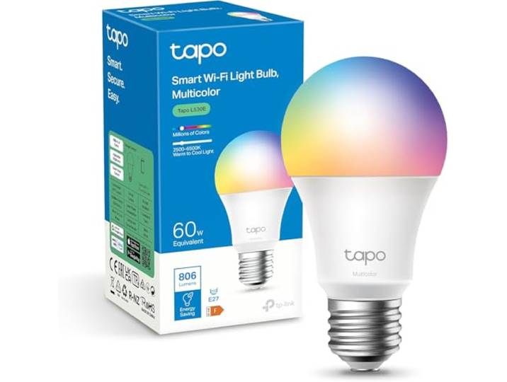 Tapo Ampoule Connectée Alexa E27\, Multicolore LED Dimmable L530E\, 1 pièce Commande vocale Alexa/Google\, aucun hub requis\, mode absence anti-intrusion\, programme & minuterie\, 8.7W (équivalent 60W)