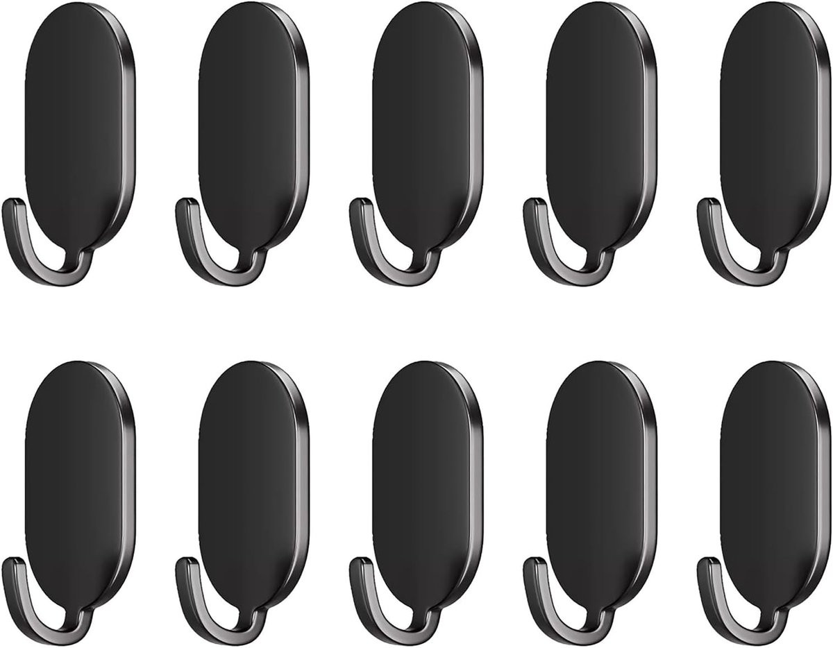 Set van 10 zelfklevende handdoekhaakjes, zwart, zonder boren, geschikt voor badkamer en keuken