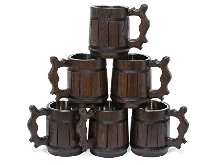 MyFancyCraft Bierkrug, Holz-Bierkrug, Edelstahlbecher, Handgefertigte Geschenke für Männer, Vatertag, Weihnachten oder Geburtstag, Retro-Braun, 6 Stück