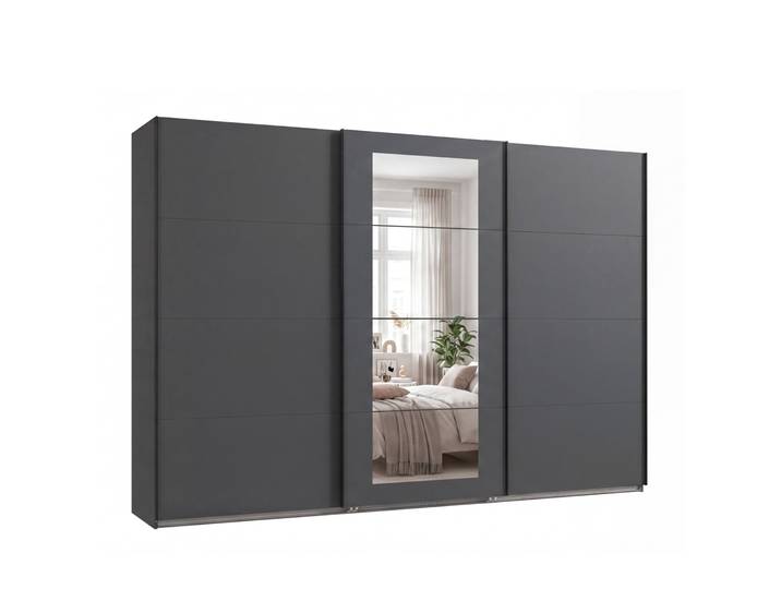 Schwebetürenschrank 3-trg Kleiderschrank 313 cm in Grafit m. Spiegel, Griffe schwarz / 22633