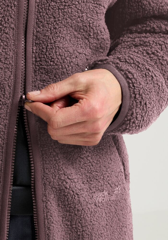 Funktionsmantel JACK WOLFSKIN "HIGH CURL COAT W", Damen, Gr. XL, lila (sheer plum), Obermaterial: 100% Polyester. Futter: 100% Polyester, Mäntel Funktionsmantel, Fleecemantel, warm & winddicht sheer plum XL