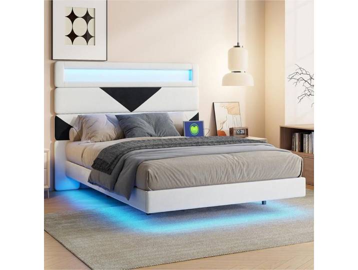Lit 160x200cm - Lit double 160x200cm - Lit suspendu à LED RGB ports USB/Type-C prise EU et tête de lit modulable - Blanc