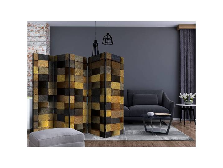 Paravent Wooden Cubes II 5 élém. Intissé en pin massif, naturel Multicolore 225 x 172cm