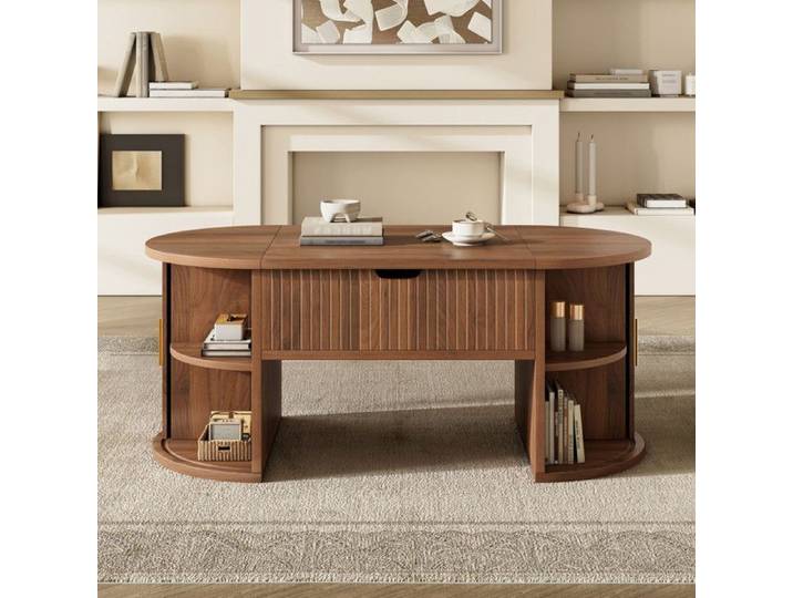 NuvlaGu - Table basse ovale relevable 100x50x40 5cm avec 2 portes rangement coulissantes étagères salon petit espace - Noyer
