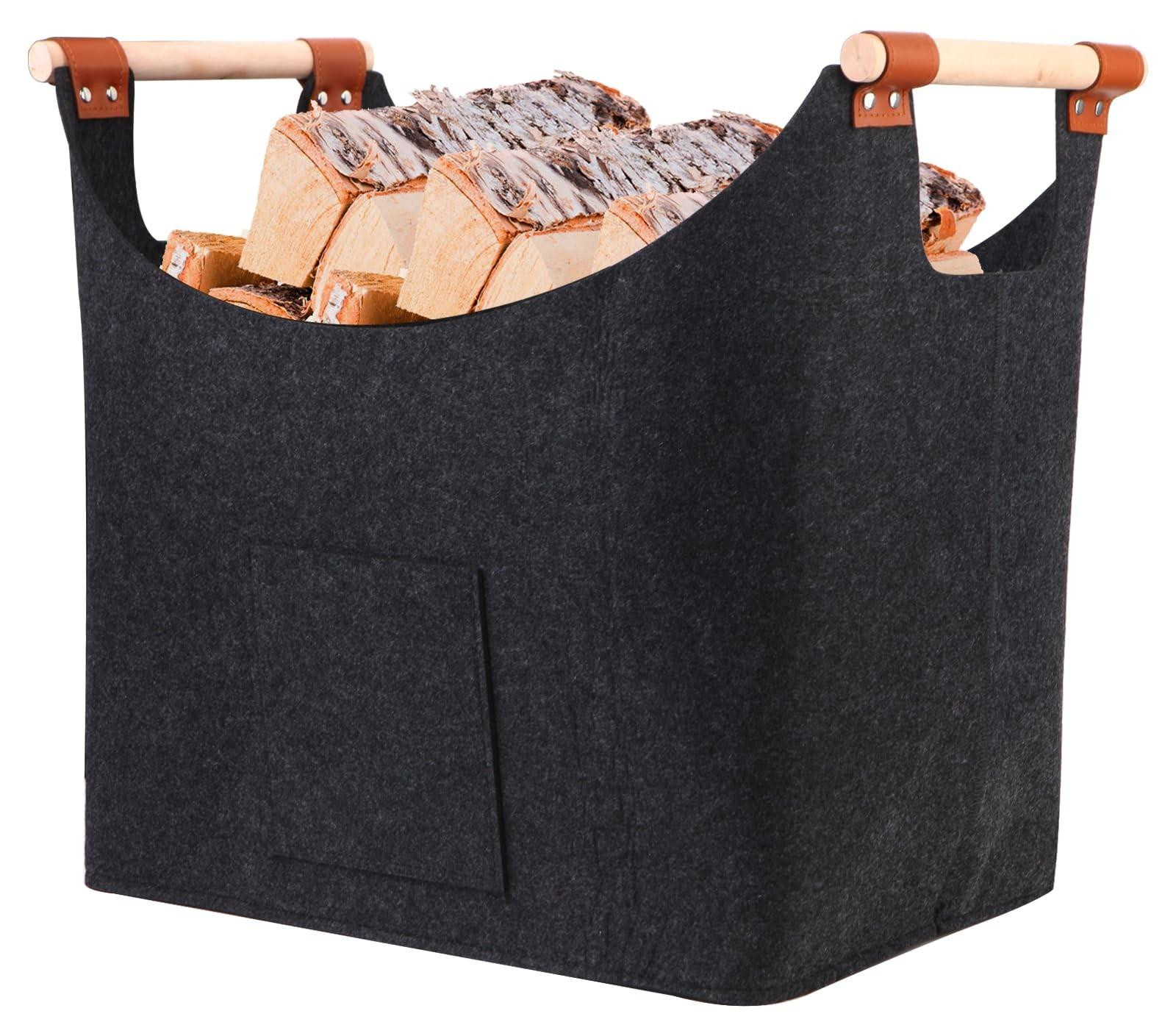 Solidchoice Grote Vilt Houtmand voor Haardhoutopslag met Handvatten, 60 Liter