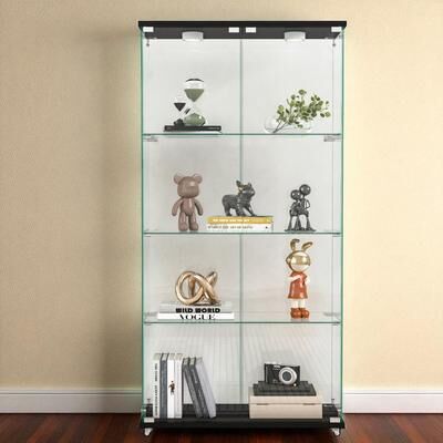 Fundinbaths Modern 2-Door Glass Display Cabinet with LED Lights, 4-Shelf Tempered Glass Showcase for Collectibles and Storage