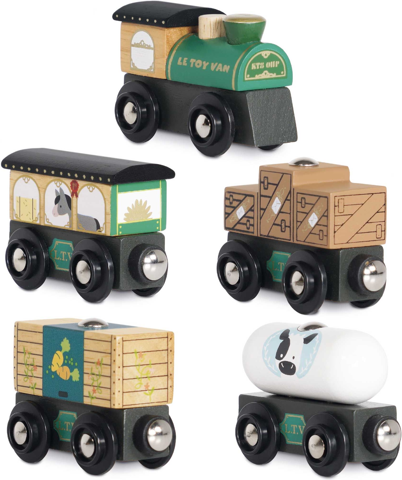 Le Toy Van Great Green Train ; Goods Wagons 5-Piece Wooden Train Set for Children, Ages 3+