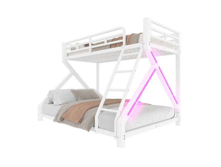 SOFTWEARY Etagenbett mit LED-Beleuchtung und 2 Liegeflächen (90x200cm/140x200cm, Musik Sync), Kinderbett mit Rausfallschutz, Metallbett