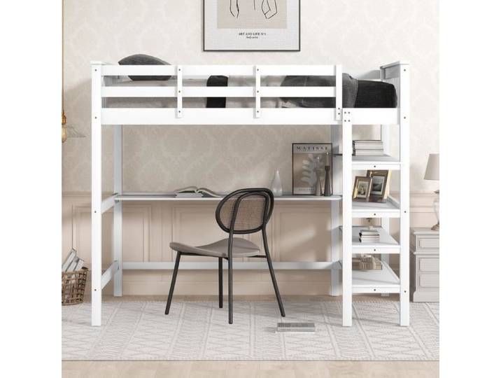 Lit mezzanine 140x200cm - MODERNLUXE - Bureau et étagère de rangement - Blanc
