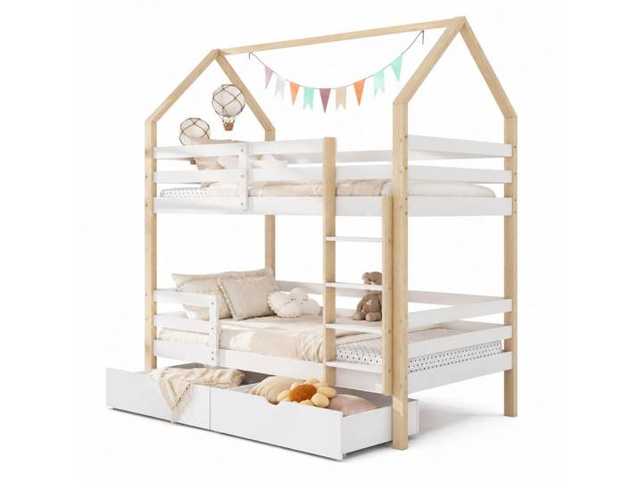 Evryae Etagenbett 90/200 mit Schubladen und Leitplanken in Weiß+Holzfarbe, 90x200 cm, Babymöbel & Kindermöbel, Kinderzimmer & Jugendzimmer, Stockbetten