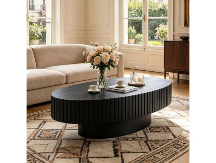 YPDOPORA 43,31 Zoll Ovaler Couchtisch aus Holz im Trommel-Stil,Oval Schwarz Moderner, Ovaler Couchtisch Aus Holz Mit Geriffelter OberfläChe Mit Stabilem Standfuß FüR Wohnzimmer Und Wohnung