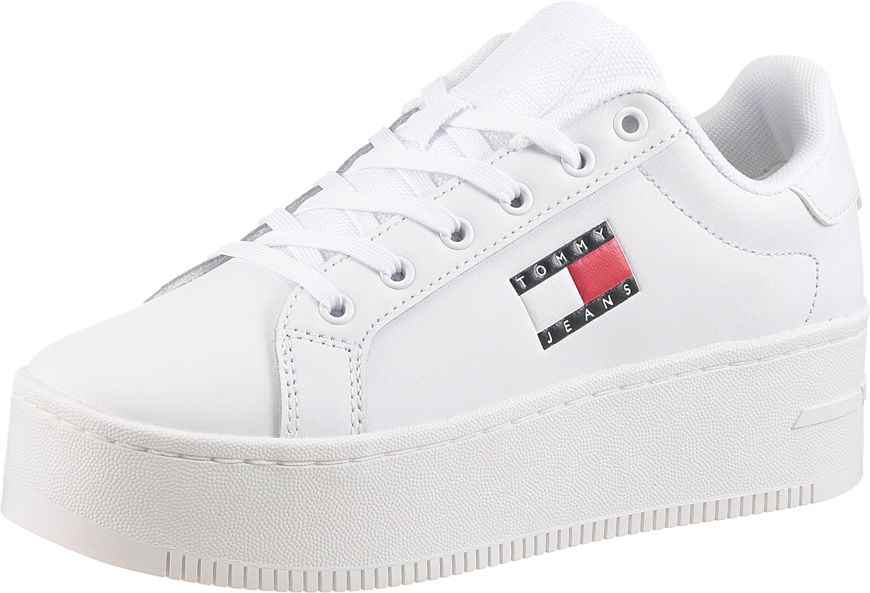 Plateausneaker TOMMY JEANS "TJW FLATFORM SNEAKER", Damen, Gr. 41, weiss (weiß), Leder, Textil, unifarben, Schuhe Plateausneaker, Freizeitschuh, Halbschuh, Schnürschuh mit Schaftrandpolsterung weiß 41