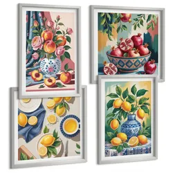 BILDER SET 4er Set - 50x50 cm & 40x60 cm Silberner Rahmen - Blumen und Früchte in Vasen