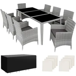 tectake Aluminium Rattan Sitzgruppe Menorca 8+1 mit Schutzhülle  Hellgrau