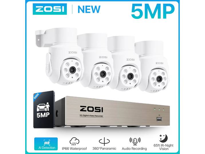 ZOSI 5MP 360 ° Système de caméra de sécurité filaire, 5MP/2MP, panoramique et inclinable, intérieur et extérieur, H.265 + 8CH CCTV DVR pour la Surveillance à domicile