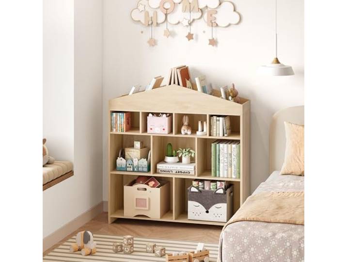 LuxFocus Kinder Bücherregal Hausform 9 Fächer Holz Cubby Regal Stabiles Kinderregal mit großer Aufbewahrung für Bücher und Spielzeug im Kinderzimmer und Spielbereich