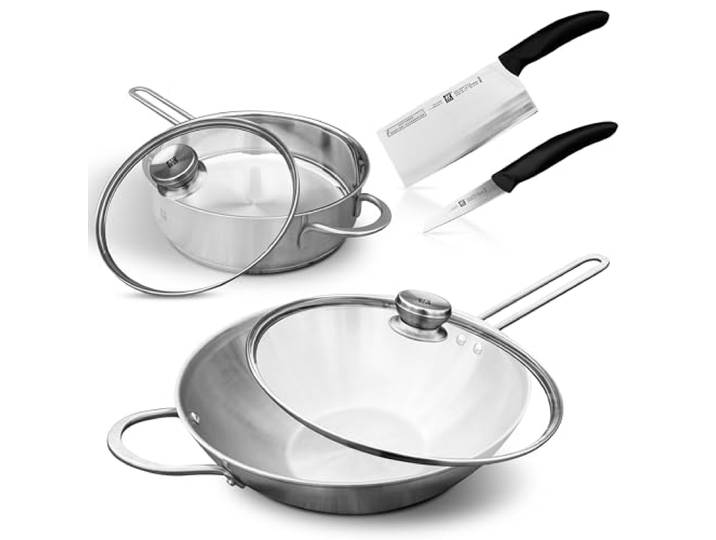 Zwilling TwinNova3 Wokpfanne 30cm + Schmorpfanne 24 cm + 2x Glasdeckel + 2 Küchenmesser, 6 tlg, Wok + Schmor Pfanne Unbeschichtet, Spülmaschinenfest, rutschfester Griff, FÜR ALLE HERDARTEN, Silber