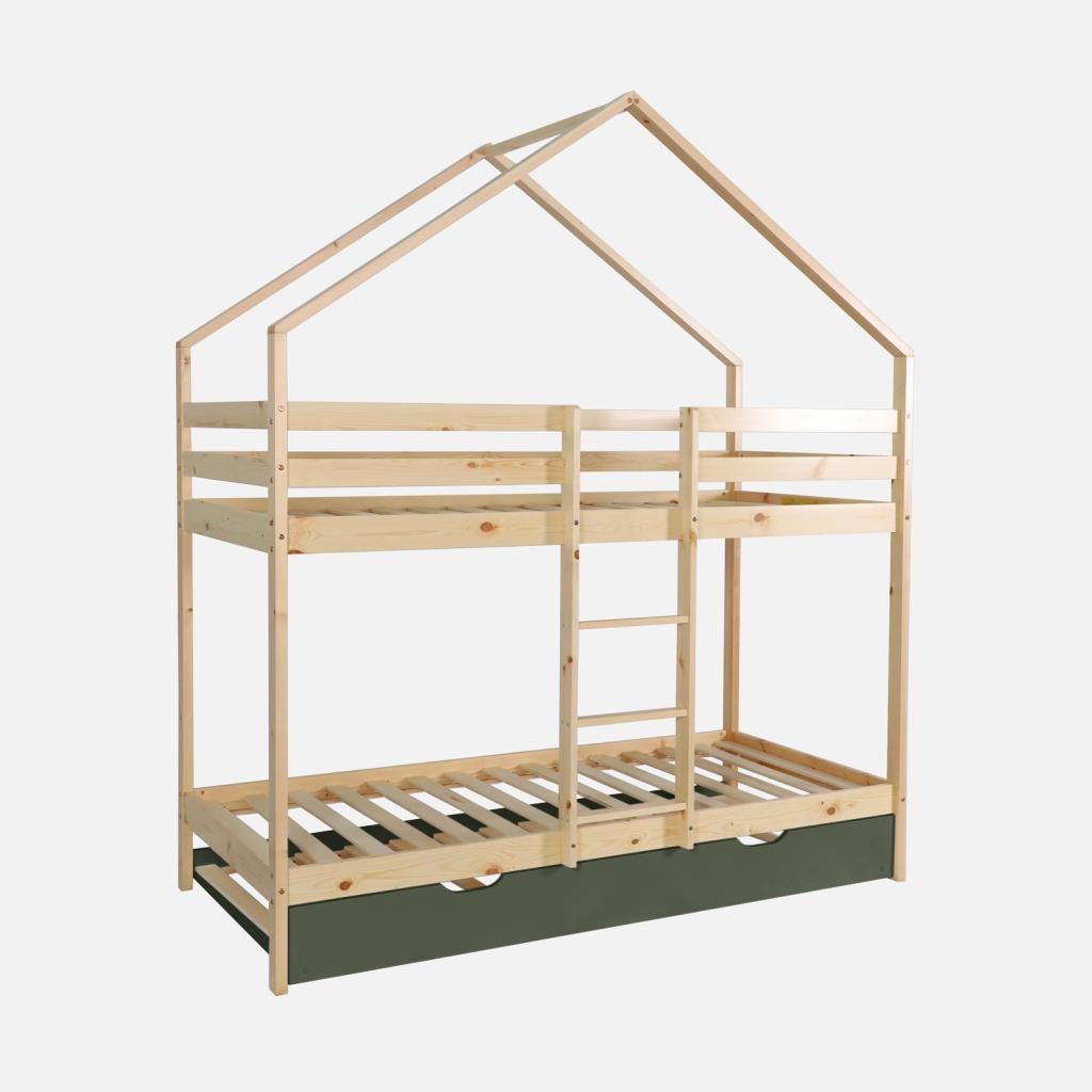 sweeek - Kinder-Etagenbett Hausbett 90 x 190 cm aus Kiefernholz mit Ausziehbett - Grün