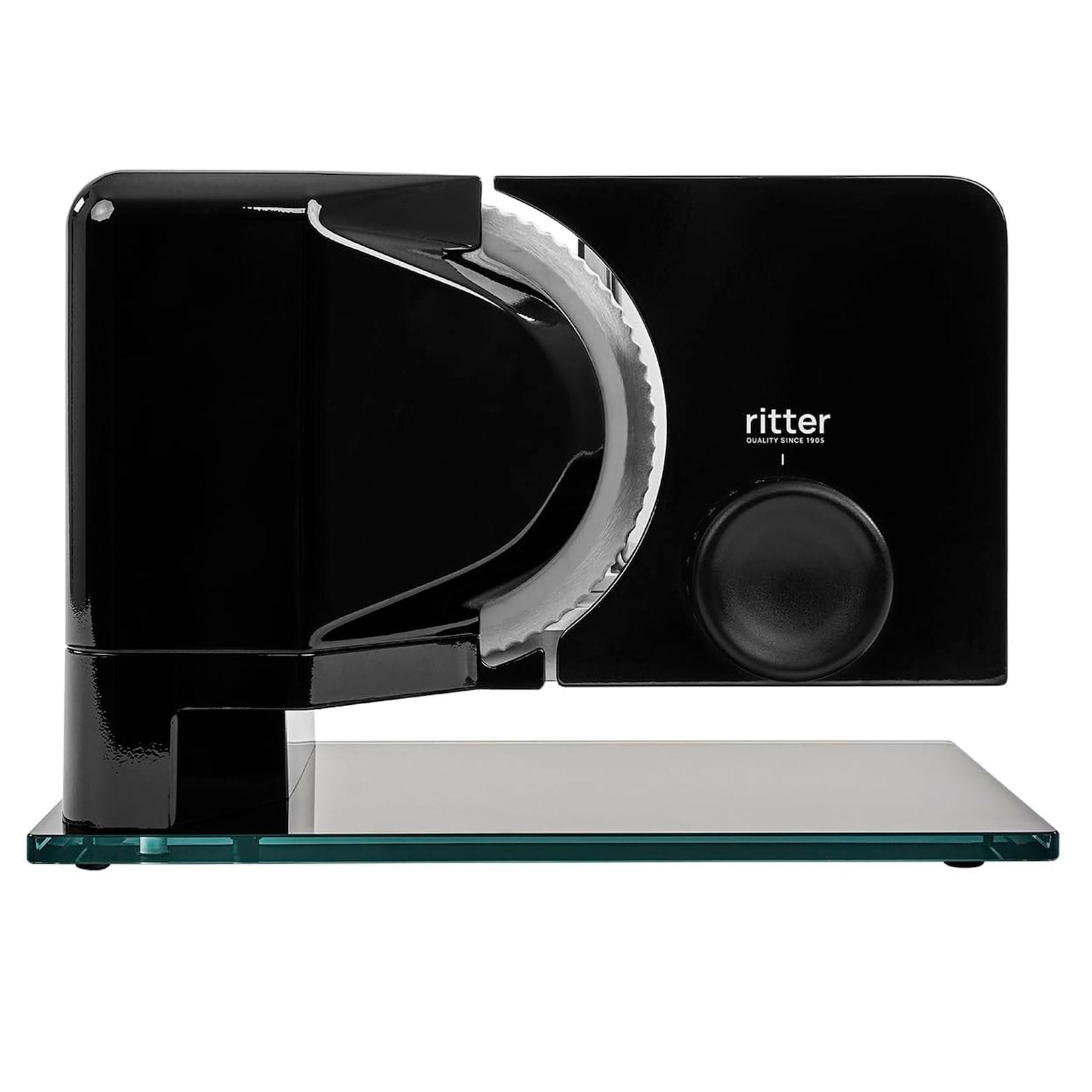 RITTER Allesschneider Sono 2 Schwarz (Metallausführung, freitragend, Wellenschliffmesser, 17 cm Ø, Sicherheits-Moment- und Dauerschalter, 65 Watt Eco-Motor)