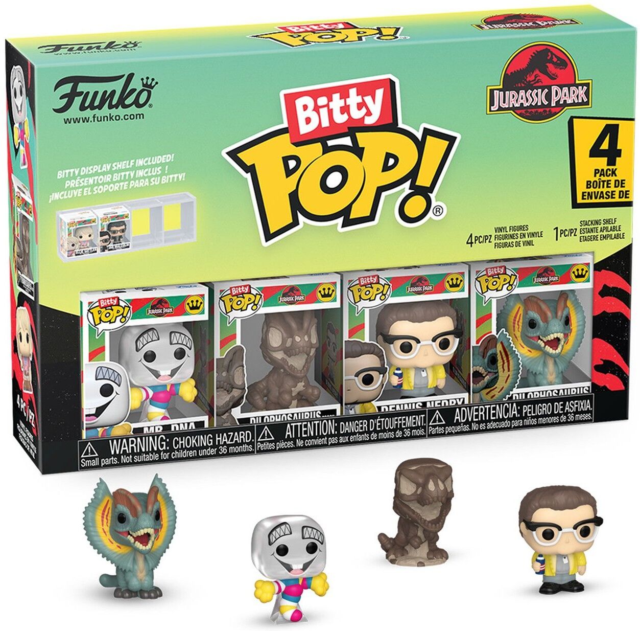 Funko Bitty Pop! 4-Pack: Jurassic Park - Mr. DNA, Dilophosaurus Fossil, Dennis