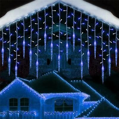 GlowBake Outdoor LED Icicle Curtain String Lights, Drooping Christmas Garland For Garden, Street, And Wedding Decorations blue