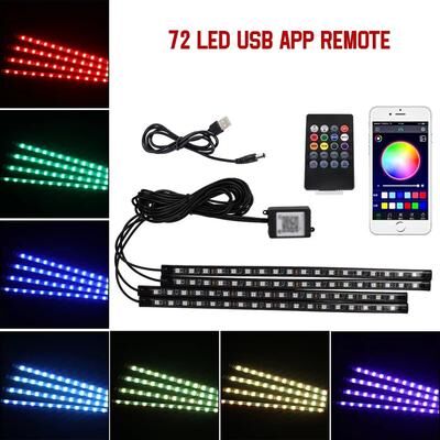 Inspired Finds LED Car Interior Ambient Lights RGB Footwell Lamp Kit With Remote & APP Music Control 72led App Remote Usb