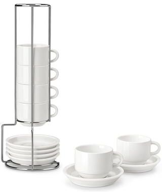MALACASA Stackable Porcelain Cup Set, 6-Piece with Silver Metal Rack