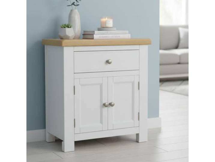 GROF furniture Weiß lackierter kleiner Holzschrank mit Schublade & 2 Türen, Platte aus Eiche, fertig montiertes Mini-Sideboard, Holzschrank für Wohnzimmer, Flur & Schlafzimmer