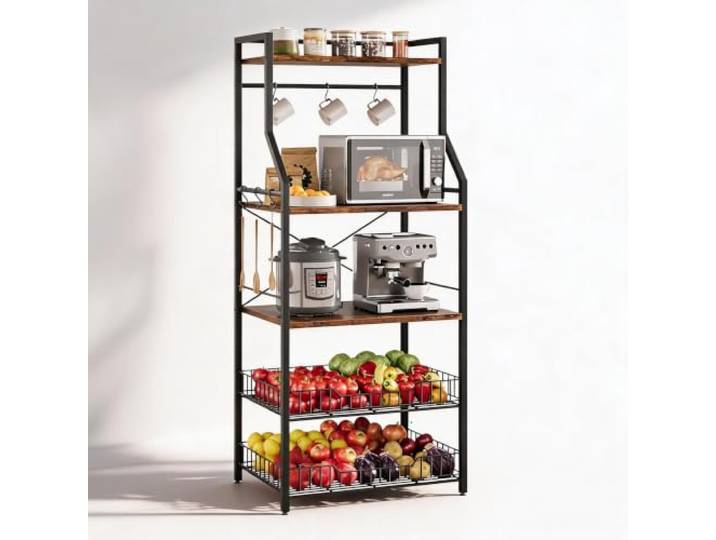 GARVEETECH Küchenofenständer 5 Ebenen Metallregal Braun Industrielle Coffee-Bar-Station mit Mikrowellenablage, Drahtkörben und Haken für organisierte Küchenaufbewahrung