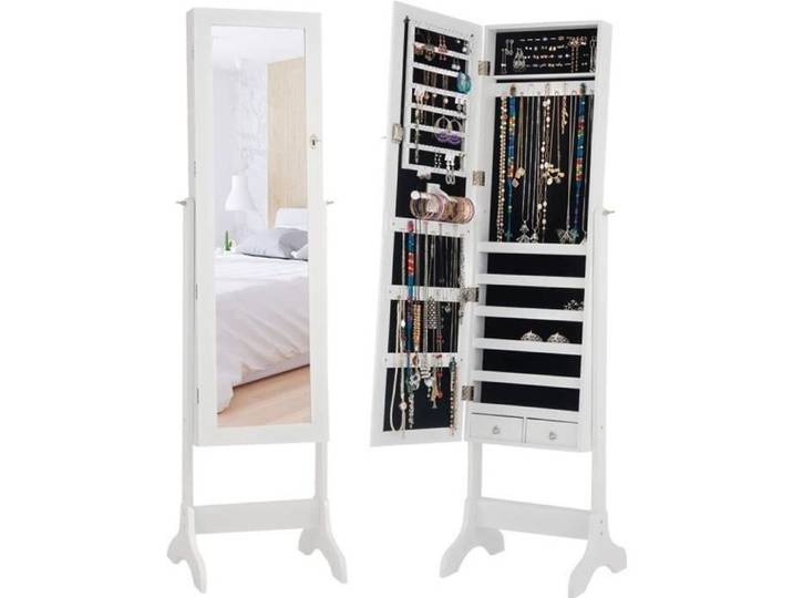 GIANTEX Armoire à Bijoux sur Pied avec Miroir Inclinable et 2 Tiroirs Support Triangulaire Verrouillable pour Bijoux en Bois Blanc
