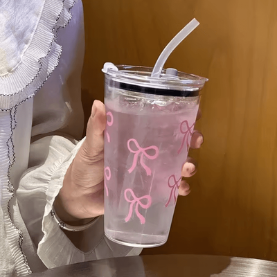 Uplift Curations Cute Pink Bow Straw Cup 500ml Leakproof Transparent Travel Tumbler For Coffee & Water 1pc