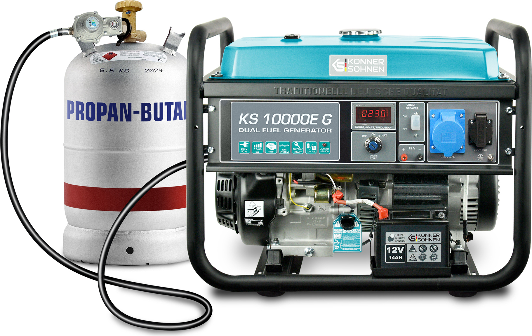Könner & Söhnen KS 10000E G Hybrid Stromerzeuger 8000 Watt, DUAL FUEL Benzin / LPG, E-Start, 1x16A (230V), 1x32A (230V), 12V