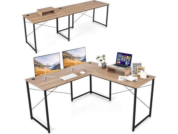 GIANTEX Bureau d'Ordinateur en Forme de L Bureau d'Angle en 2 Formes Différentes 150 x 150 x 74 cm Charge 70 kg Naturel