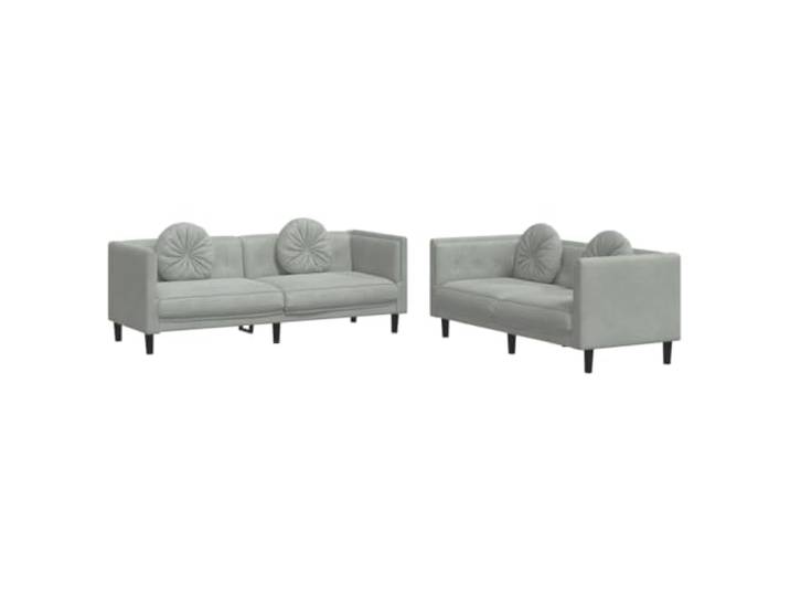 Todiikf 2-TLG Sofagarnitur mit Kissen Samt Couch Set Hellgrau Elegantes Couch-Set fürs Wohnzimmer mit weichem Samtbezug, dicker Polsterung und 4 bequemen Rundkissen.