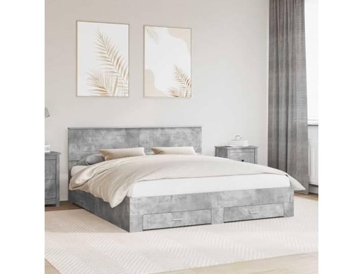 RJPLMFV Bettgestell, Betongrau, 180 x 200 cm, Holz Mit Stauraum, Schubladen mit Griffen, Lamellen, modernes Design