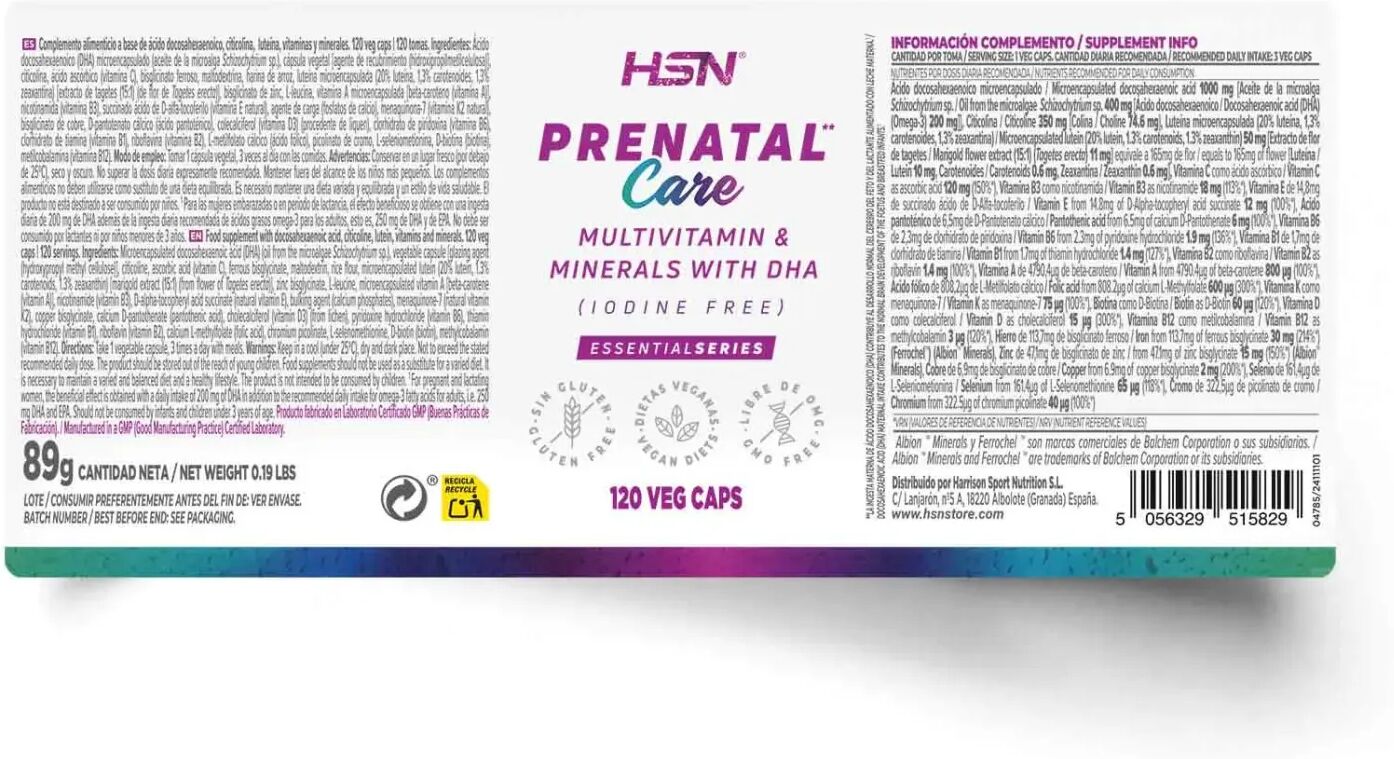 HSN Prenatal Care (sin yodo) * - 120 veg caps - Pre/post natal - Cápsulas Vegetales - 120  Servicios