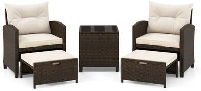 Costway 5 Pieces Patio Rattan Furniture with 2 Ottomans and Tempered Glass Coffee Table-Off White