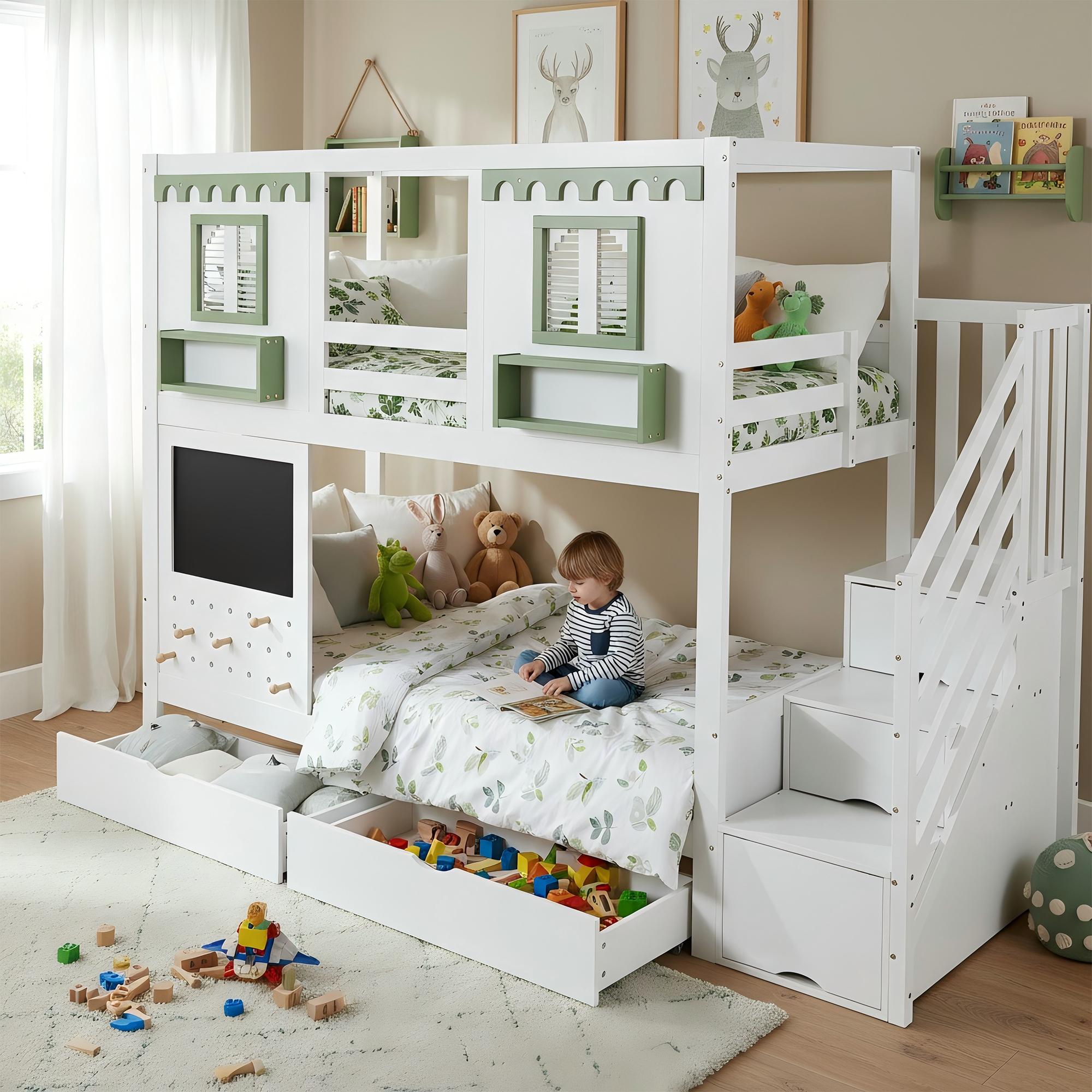 Etagenbett, Kinderbett, Mit kleinem Lochbrett-Bereich + 5 mitgelieferten Holzhaken, Zwei Schubladen, Mit Treppenaufbewahrungs-Schrank
