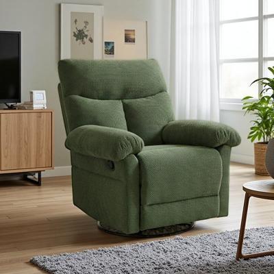 VIVIADORE Modern Fabric Swivel Rocker Recliner Chair, 360° Rotating Manual Armchair with Pull Tab, Adjustable Footrest, Padded Arms