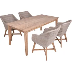 Garden Pleasure Gartenmöbel Set VISALIA / OAKLAND, Tisch 180 x 90 + 4 Sessel, Akazie / Polyrattan Zimtbraun / Kissen 100 % Polyester Taupe