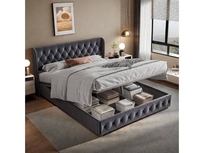 Lit coffre - TANANT - 140x200 - Velours capitonné - Rangement hydraulique - Gris