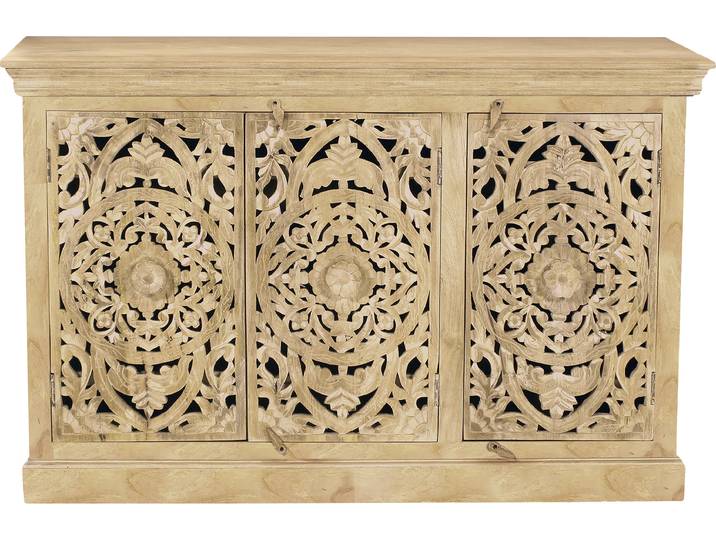 Sideboard SIT Modena aus Mangoholz mit 3 Türen und aufwändigen Schnitzereien , beige (natur), B:140cm H:90cm T:40cm, Massivholz, Sideboards, Sideboard, Aufwändige Schnitzereien im orientalischen Stil