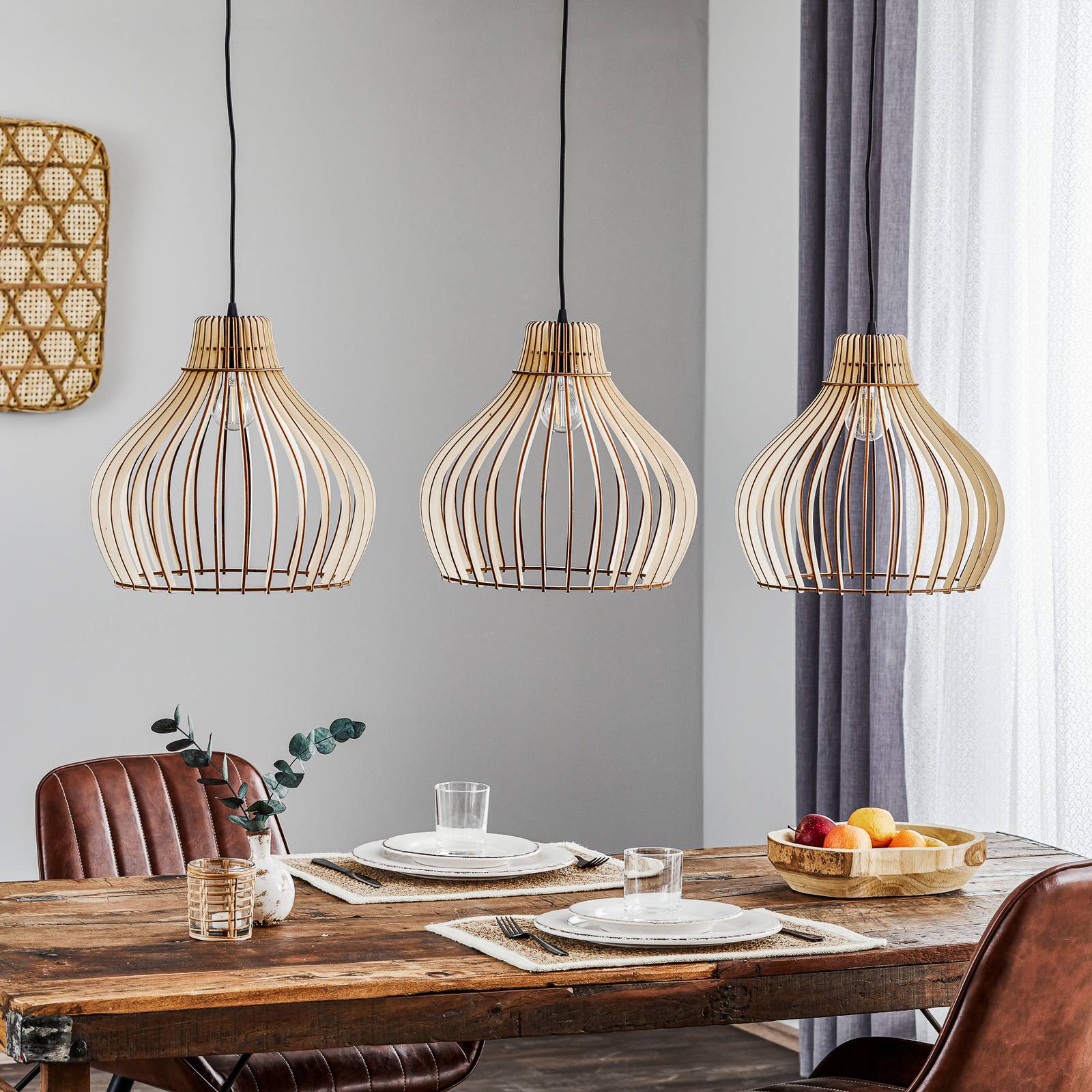 Hängelampe Barrel TEMAR LIGHTING, dimmbar, Holz hell, für Wohn- / Esszimmer, Holz, Landhaus / Rustikal, Pendelleuchte